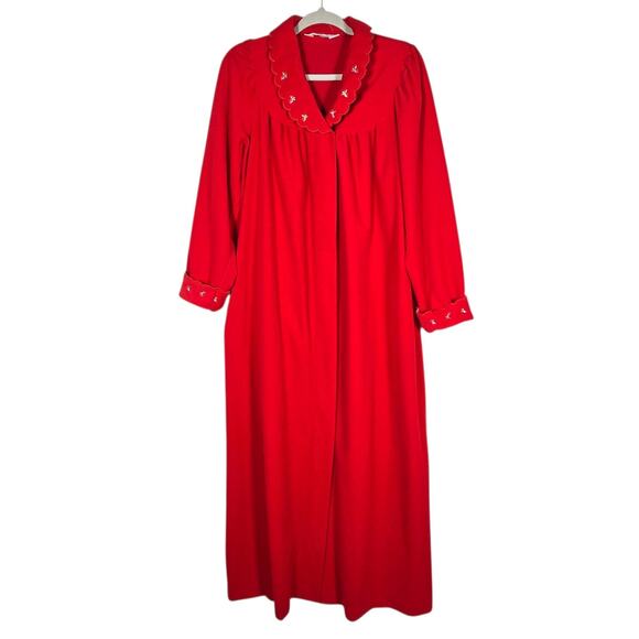 Vintage 70s Red Embroidered Collar Robe Lounge Dress Nightgown Shadowline USA M - Picture 1 of 13